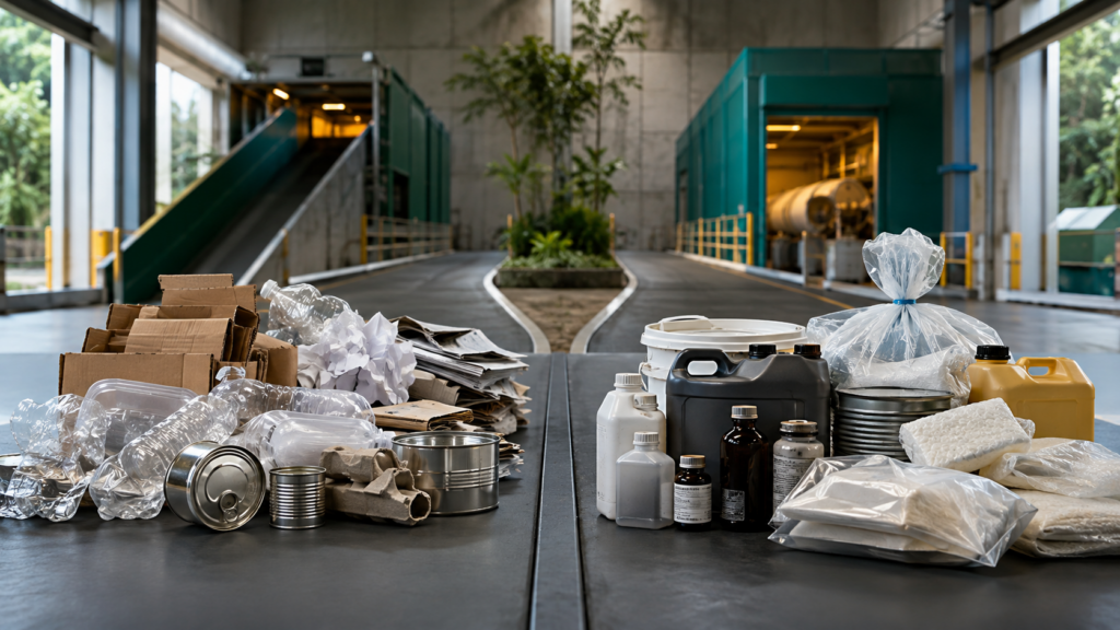 Separação entre resíduos recicláveis comuns e resíduos perigosos em uma unidade de gerenciamento ambiental.