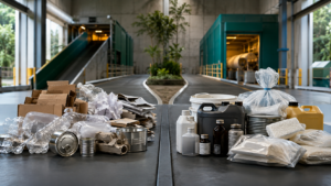 Separação entre resíduos recicláveis comuns e resíduos perigosos em uma unidade de gerenciamento ambiental.