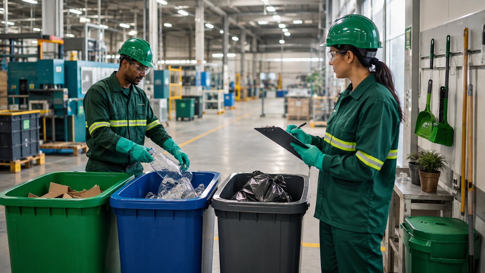 Colaboradores realizam a separação e o controle de resíduos dentro de uma empresa.