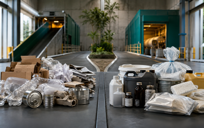 Separação entre resíduos recicláveis comuns e resíduos perigosos em uma unidade de gerenciamento ambiental.