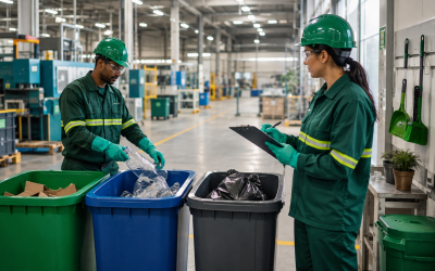 Colaboradores realizam a separação e o controle de resíduos dentro de uma empresa.